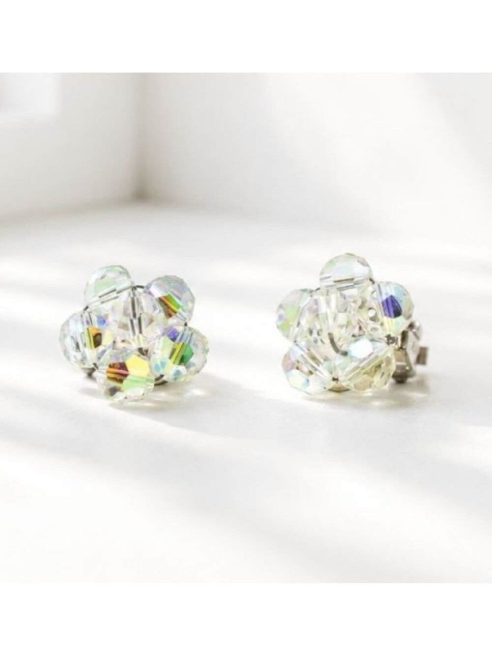 Vintage Aurora Borealis Acrylic Crystal Cluster Clip-On Earrings Mid-Century 1 I